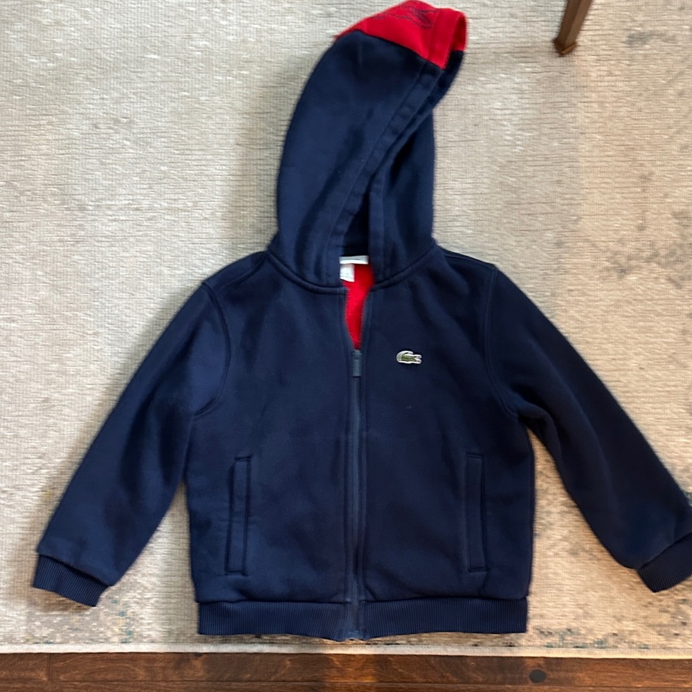 Lacoste Kids Navy and Red Hoodie Zip Front Size 5.
